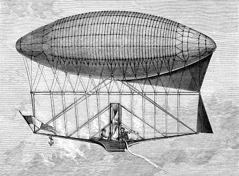 Henri Dupuy de Lôme Navigable balloon first design date October 1870 from Magasin Pittoresque. Vintage etching circa mid 19th century.