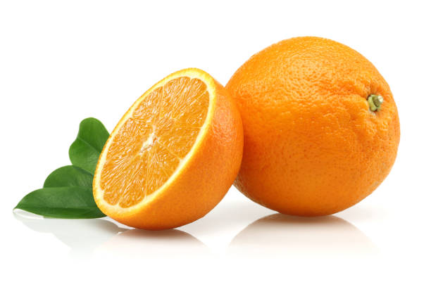 istock Fresh orange fruits with leaf isolated 1128082567