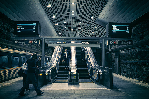 Milan, Italy - 29.11.2023: Platform in San Donato Milanese metro station. Italy national covid lockdown. Empty metro station.