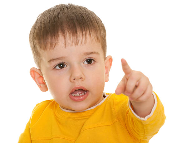 istock Little boy with fine haircut pointing direction 112808646