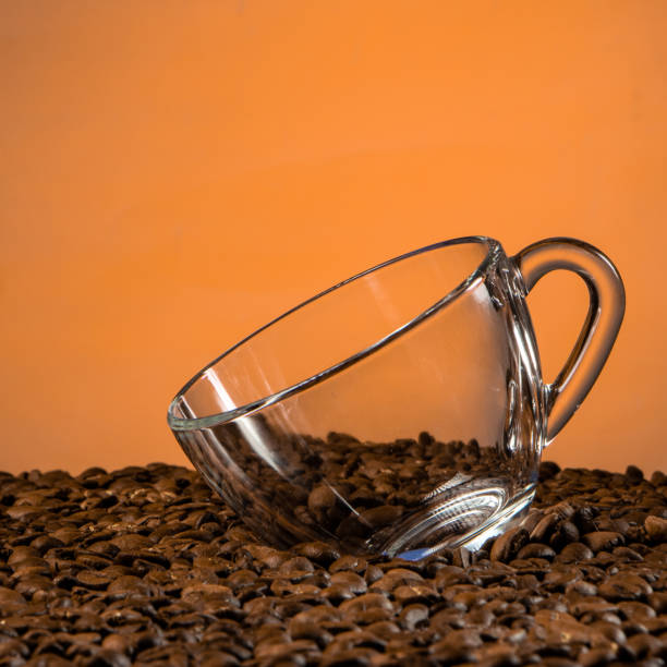 Empty glass cup on coffee beans background
