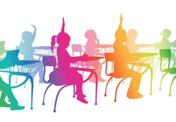 clipart do my homework School Boy School Girl Rainbow Boy and girl raising their hand to answer the teacher's question kid doing homework clip art stock illustrations