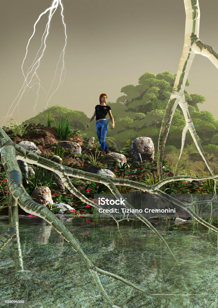 Futuristic girl walking in an alien planet with plants and cristal lightnings, 3d illustration Three Dimensional Stock Photo