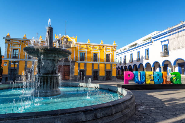 Fountain in Historic Puebla stock photo