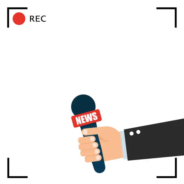 Vector illustration of Journalism concept . Hands holding microphones. Hand with microphone.