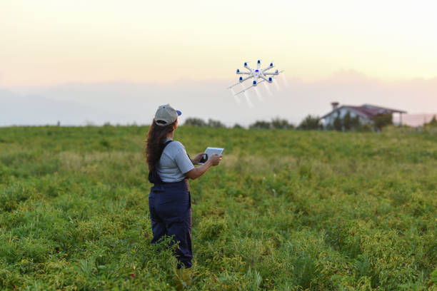 jeune agricultrice, pulvérisant ses cultures à l’aide d’un drone - aerial view mid air farm field photos et images de collection