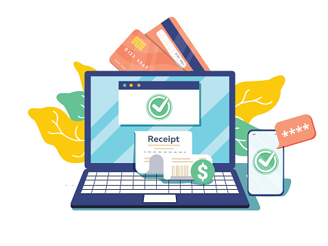Notification on financial transaction. Laptop with electronic receipt. Online payment confirmation via SMS. Vector illustration in flat style. Financial transactions, cashless operation on payment