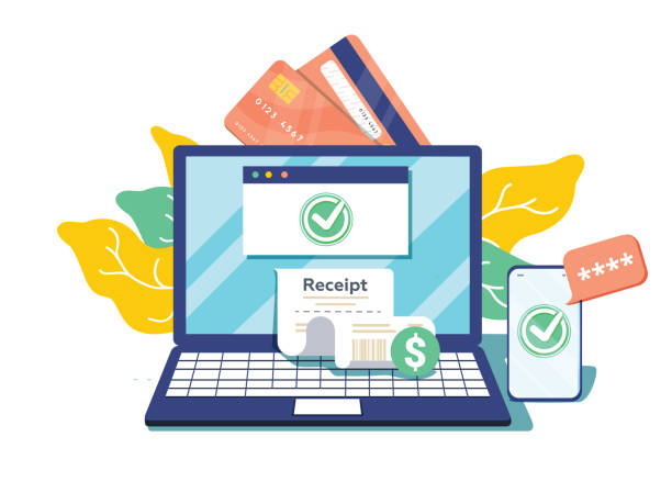 Notification on financial transaction. Laptop with electronic receipt. Online payment confirmation via SMS. Vector Notification on financial transaction. Laptop with electronic receipt. Online payment confirmation via SMS. Vector illustration in flat style. Financial transactions, cashless operation on payment financial bill stock illustrations