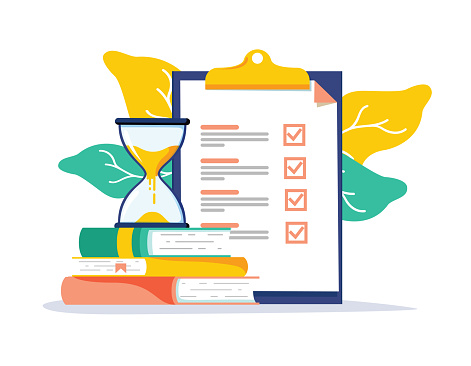 Exam preparation school test. Examination concept checklist and hourglass, choosing answer questionnaire form, education vector flat illustration. Online course learning exam. Fill out form summary