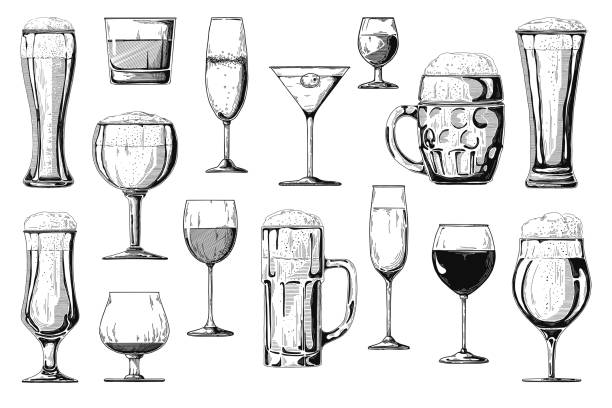 ilustraciones, imágenes clip art, dibujos animados e iconos de stock de conjunto grande de diferentes bebidas alcohólicas. vector de - glass of wine