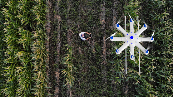 Farmer spraying his crops using a drone