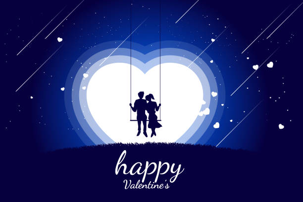 istock Lover couple sitting together on swing in romantic scene with flying heart background. 1128103832
