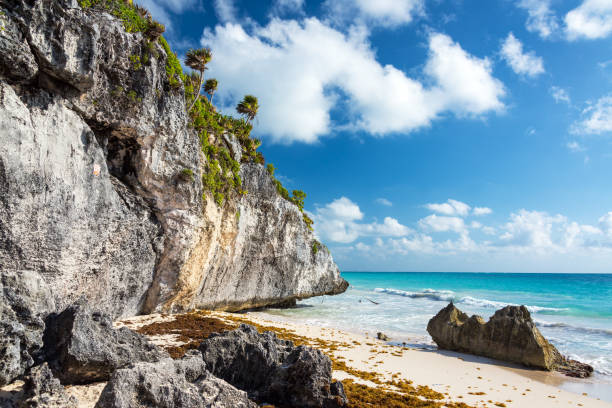 istock Beach by Tulum Ruins in Mexico 1128104743