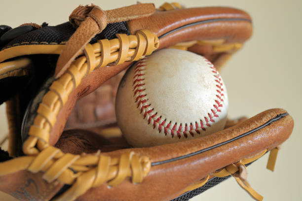 leather baseball in lether glove for playing catch - baseball pitcher small sports league imagens e fotografias de stock