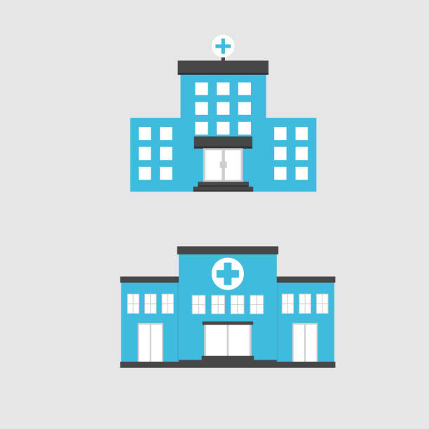 フラットは、病院建物の屋外の設計アイコンを設定します。ベクトルの図。医療建物センターのコンセプト - hospital built structure building exterior architecture点のイラスト素材／クリップアート素材／マンガ素材／アイコン素材