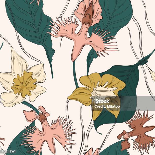 Orchid Flower Decoration Nature Blossom Floral Pattern Romantic Garden Bloom Fabric Print Bouquet Pretty Summer Petal Repetition Texture Home Interior Design Stock Illustration - Download Image Now