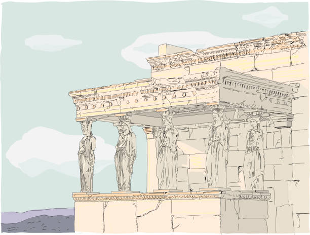 ilustrações, clipart, desenhos animados e ícones de cores do pôr do sol de alpendre cariátide acrópole - the erechtheum