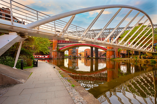 Manchester, UK - May 18 2018: Castlefield is an inner city conservation which was the site of the Roman era fort of Mamucium or Mancunium which gave its name to Manchester