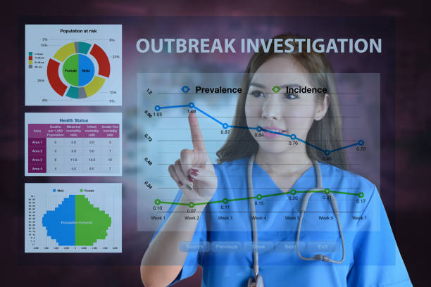 doctora que trabaja en análisis de datos para la investigación del brote. - incidence fotografías e imágenes de stock