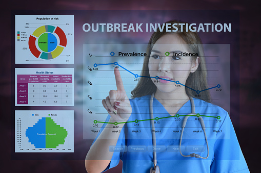 Female doctor working on data analysis for outbreak investigation.