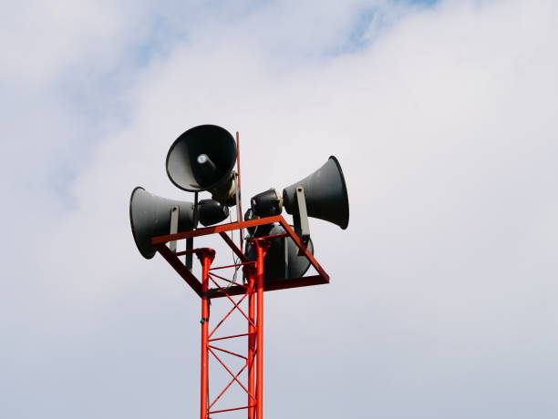 Loudspeaker on pole Megaphone, Communication, Marketing, Public Speaker, Emergency Siren rusty pole stock pictures, royalty-free photos & images