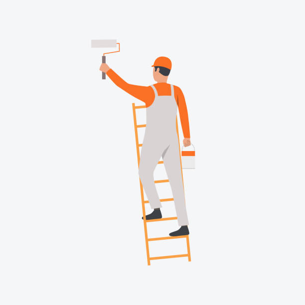Painter on ladder flat icon Painter on ladder flat icon. Decorator, painting, bucket, roller. Labor concept. Can be used for topics like construction site, home repair, renovation painting activity stock illustrations