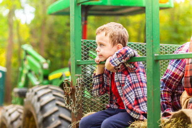 menino, montando um trator em uma fazenda - child autumn nature human face - fotografias e filmes do acervo