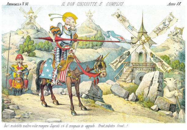 Don Quixote the Accomplice, satirical cartoon weekly of 1878 by Augusto Grossi for a weekly publishing by Il Papagallo magazine don quixote stock illustrations
