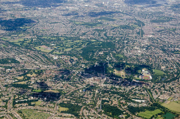 Aerial view of Crystal Palace, Dulwich and Peckham, South London Aerial view across South London with the television transmitters and National Sports Centre of Crystal Palace at the bottom of the image and the warehouses of Rotherhithe beside the River Thames at the top.  Sunny summer afternoon. borough of bromley stock pictures, royalty-free photos & images