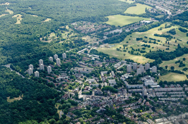 Aerial view of Roehampton, West London Aerial view of the Roehampton district of West London bordering the green spaces of Wimbledon Common and Richmond Park. richmond park stock pictures, royalty-free photos & images