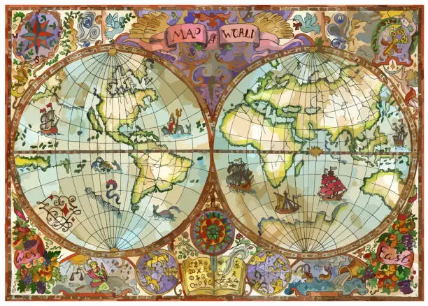 Vector illustration of Vector world atlas map on old paper with continents, lands, old ships