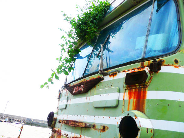 istock Waste bus weathered with rust and leaves 1128149029