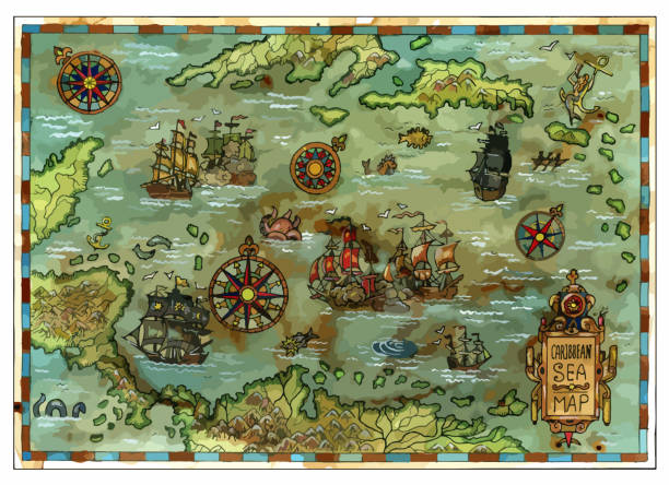 Vector ancient Caribbean Sea map with pirate ships and islands Pirate adventures, treasure hunt and old transportation concept. Vector illustration, vintage background christopher columbus stock illustrations