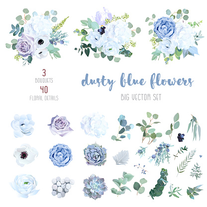 Dusty blue, pale purple rose, white hydrangea, ranunculus