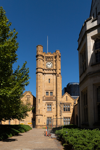 Melbourne, Australia - January 13, 2019: University Hall clock tower at the University of Melbourne.