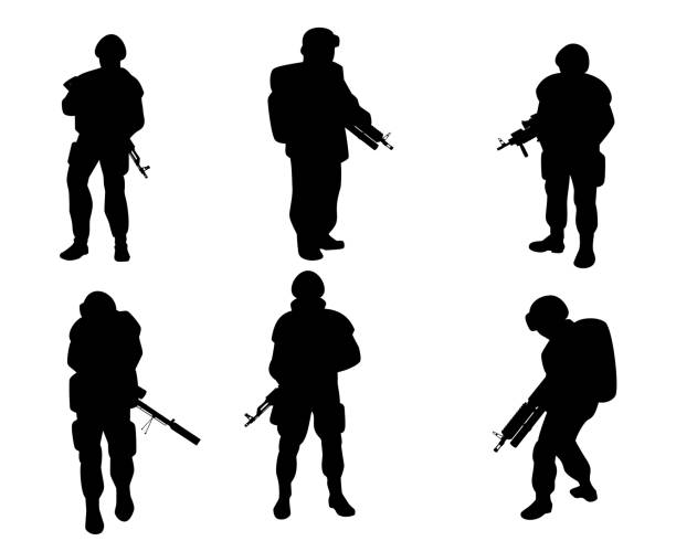 ilustraciones, imágenes clip art, dibujos animados e iconos de stock de equipado militar con armas - equipped