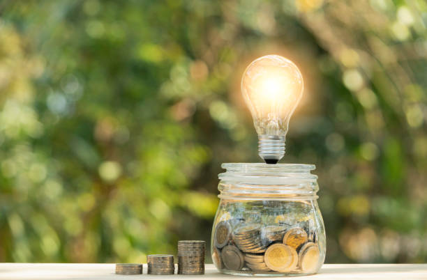 istock Coins and light bulb put on the table for saving money,energy concept on nature background. 1128160754