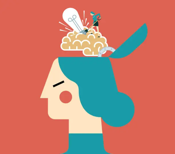 Vector illustration of Find the idea in the brain - Businesswoman