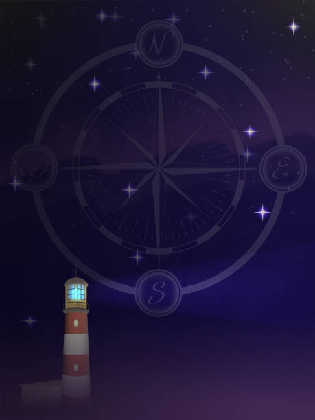 illustrations, cliparts, dessins animés et icônes de vieux phare avec un faisceau de lumière sur le ciel étoilé. motif de fond de silhouette compas nautique étoiles. - drawing compass compass rose direction sea