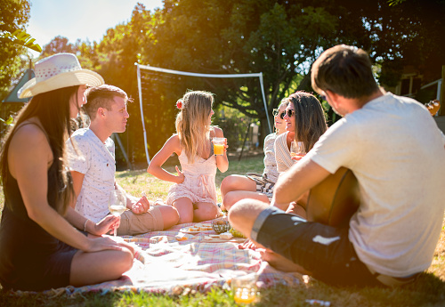 Friends talking while having drinks and snacks. Men is playing guitar. They are spending leisure time in picnic during summer.