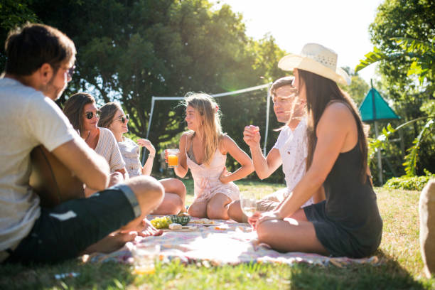 istock Friends enjoying picnic in yard during summer 1128162584