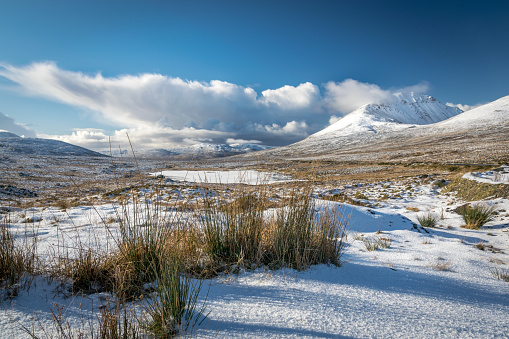 This is a winter scene of the mountains in Donegal Ireland. the mountain in the right of the picture is Errigal the highest mountain in Donegal.