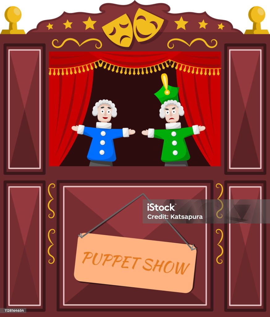 Un teatro de títeres sobre un fondo blanco brillante. Ilustración de vector de un teatro de marionetas con escenas abiertas y las muñecas. Estilo de dibujos animados. Stock vector - arte vectorial de Marioneta libre de derechos
