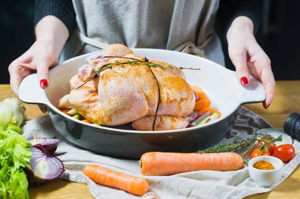 istock The chef is holding a pan with whole marinated chicken 1128165005