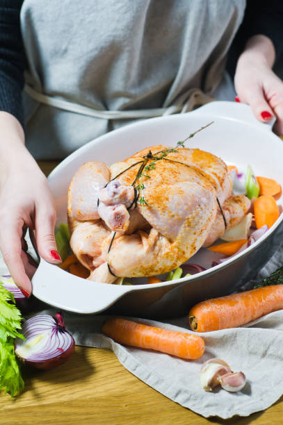 istock The chef is holding a pan with whole marinated chicken 1128165016