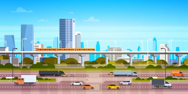 pejzaż miejski tło modern city panorama z autostrady road i metra nad drapaczami chmur - skyscraper construction built structure single object stock illustrations