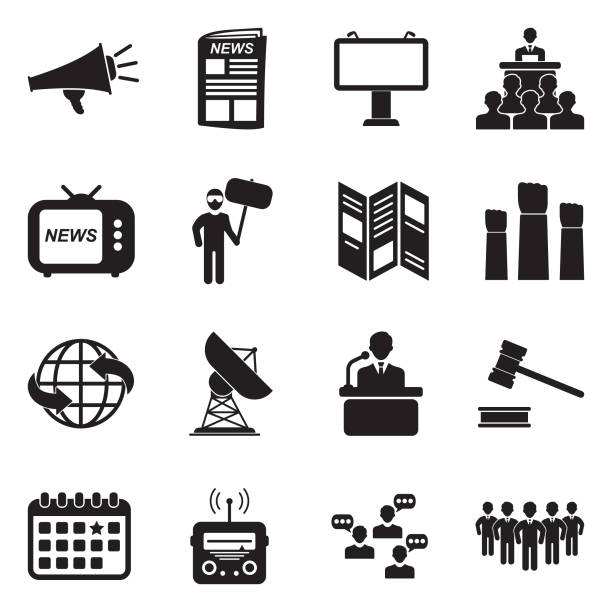 ilustraciones, imágenes clip art, dibujos animados e iconos de stock de iconos de la propaganda. diseño plano negro. ilustración de vector. - billboard