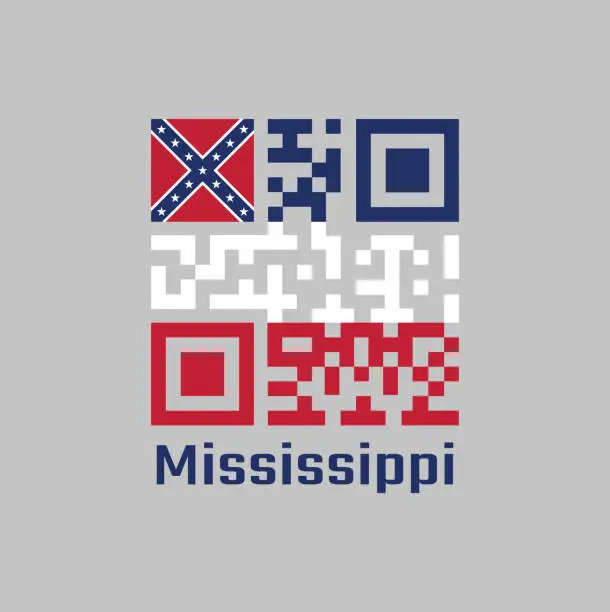 Vector illustration of QR code set the color of Mississippi flag. Three horizontal stripes of blue white and red. The canton is square, spans two stripes, consists of a red background with a blue saltire.