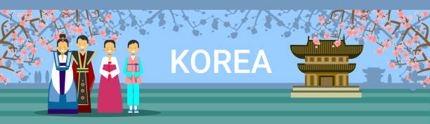 korea południowa travel destination banner, koreańczycy w tradycyjnych strojach nad seoul temple landmark - south korea stock illustrations
