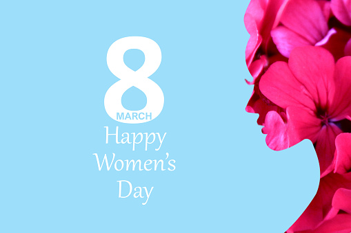 8 march women's day blue background and flowers